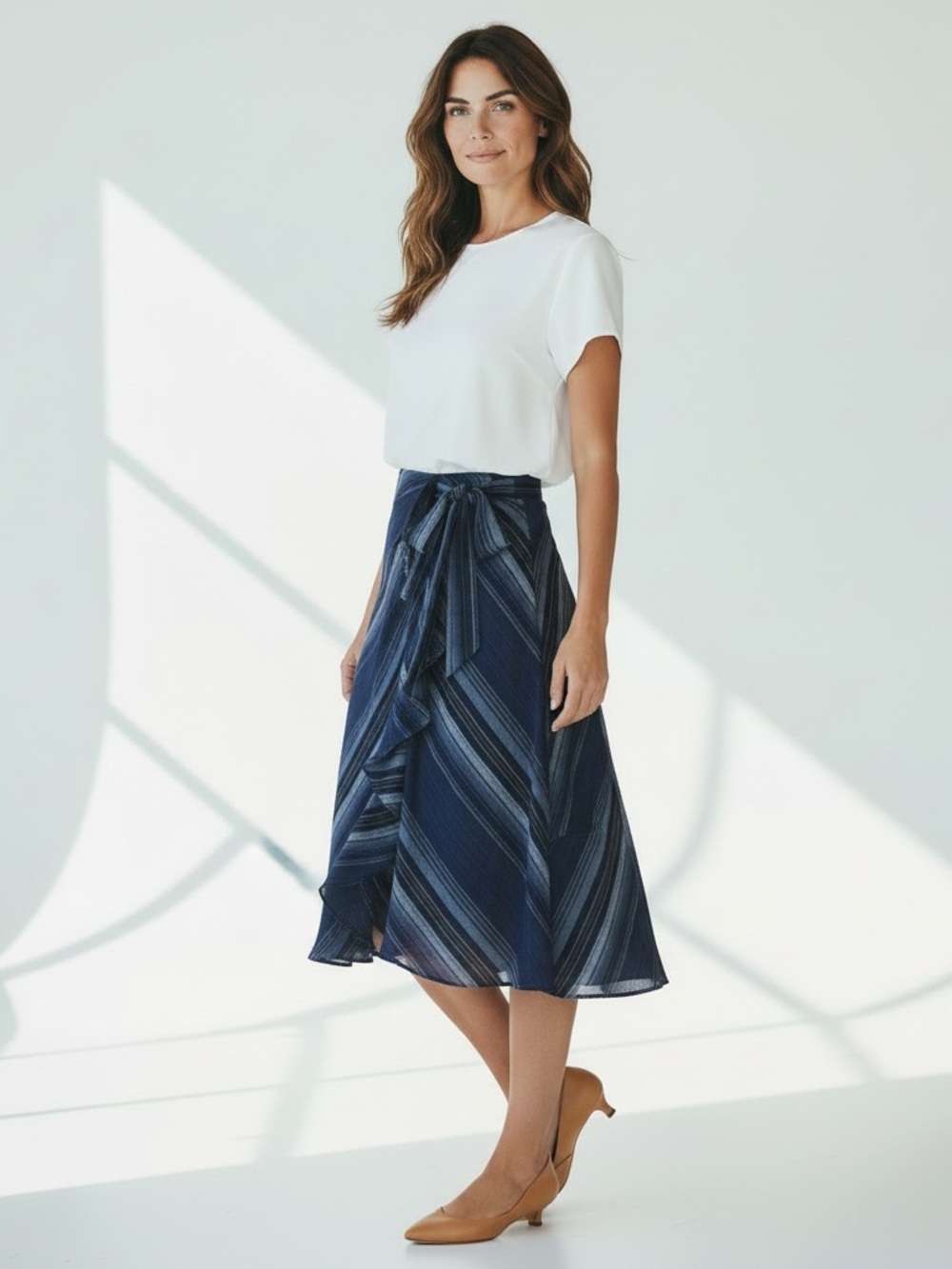 Ralph Lauren Black Label Navy Stripe Georgette Cascade Ruffle A-Line Midi Skirt